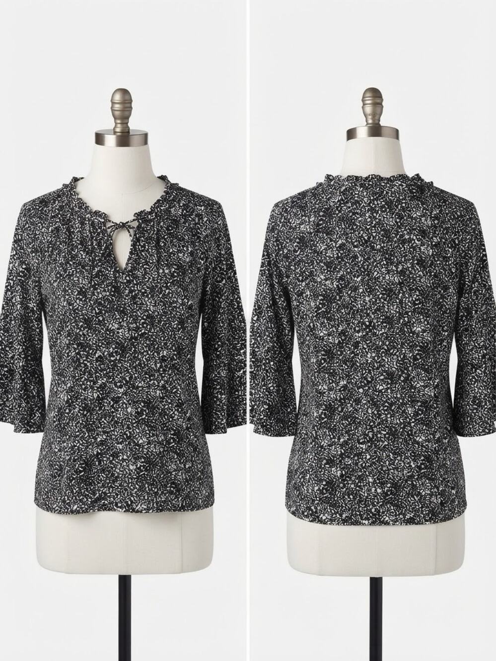 Croft & Barrow Black White Floral Ruffle Neck Tie Top Blouse XL 3/4 Bell Sleeve
